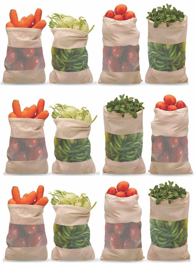 VYNTRIX Pack of 12 Organic Cotton Reusable Produce Bags with Zipper - Washable Mesh and Muslin Grocery Storage Bags - Image 1